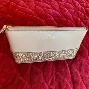 Kate Spade Taupe Leather and Glitter Cosmetic Bag
